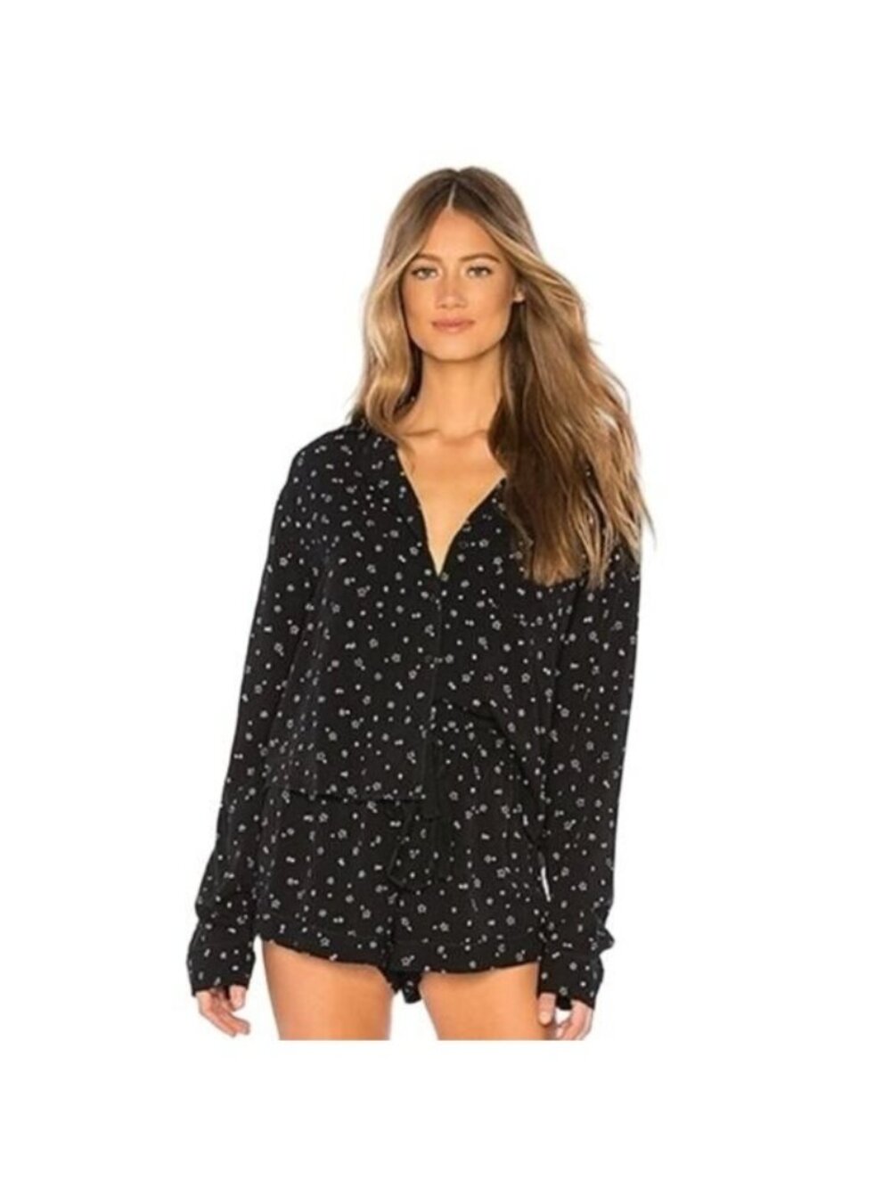 Rails Scribble Star Black PJ Top With Button-Up Closure & Piping Trim